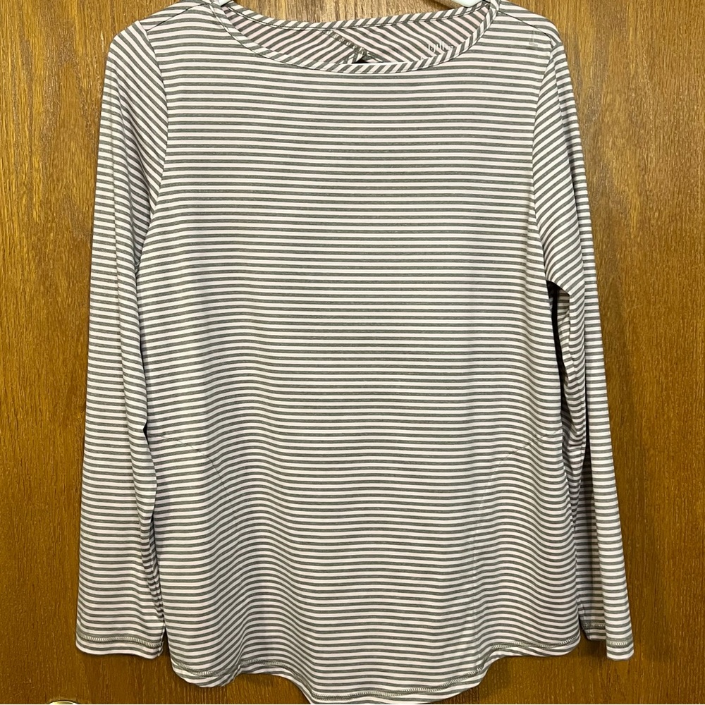 J Jill Fit Striped Keyhole Top Gray‎ Pink Long Sleeve Med Stretch with pocket